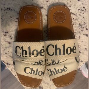Chloe Woody Flat Logo Ribbon Slide Sandals Size 38(7 1/2- 8)